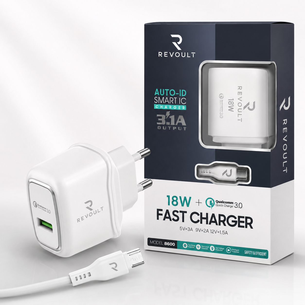 REVOULT 8600 18W Fast Charger with Data Cable – Quick Charge 3.0 USB Wall Adapter