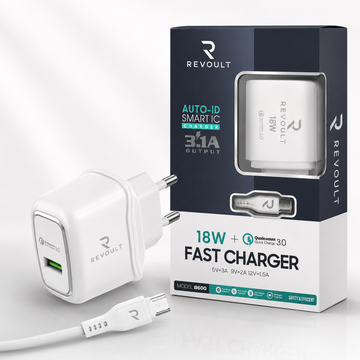 REVOULT 8600 18W Fast Charger with Data Cable – Quick Charge 3.0 USB Wall Adapter